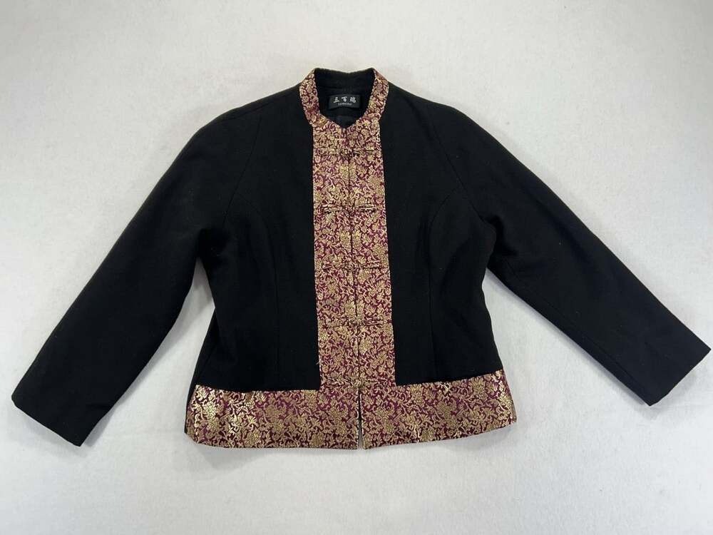 Sanbairui Womens Medium Black Mandarin Jacket Gold Brocade Asian Chinese Top